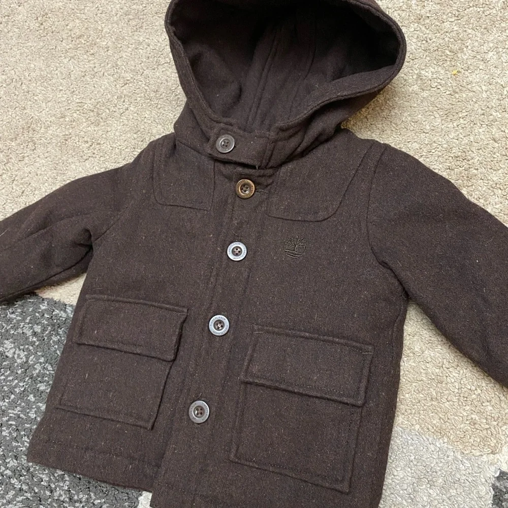 TIMBERLAND chocolate brown wool blend button down hooded coat size 12 month
